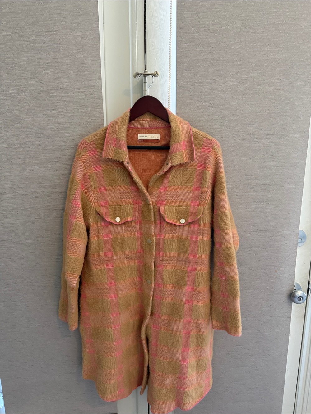 Pilcro Pink & Tan Plaid Long Shacket